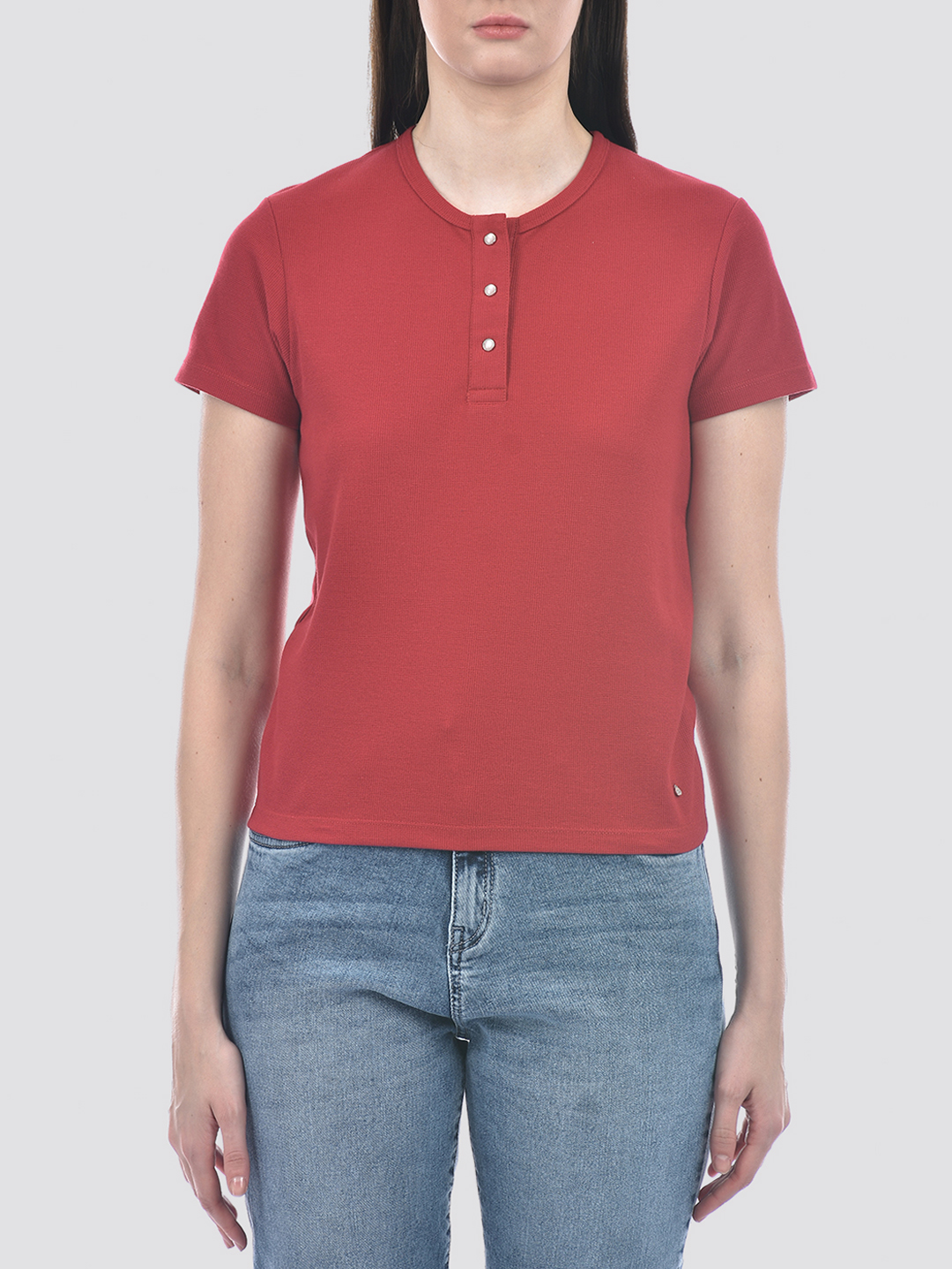 Numero Uno Women Red Henley Neck Waffle Knit T-Shirt